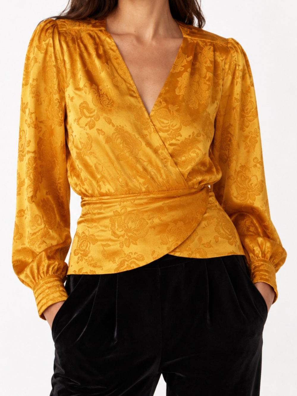 Ronny Kobo - Lorrie Satin Long Sleeve Blouse - Yellow - Size Large - NWT